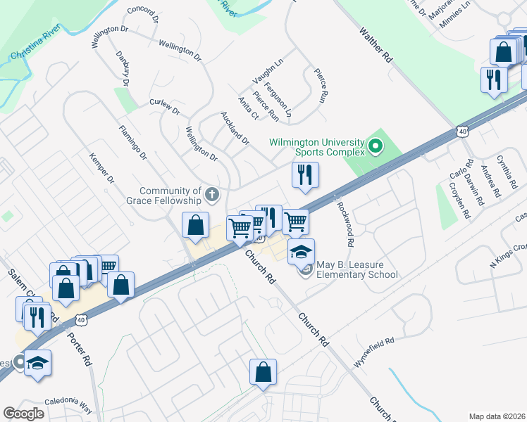map of restaurants, bars, coffee shops, grocery stores, and more near 430 Feather Drive in Newark