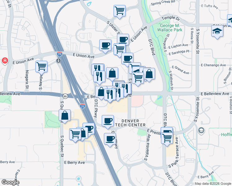 map of restaurants, bars, coffee shops, grocery stores, and more near 7901 East Belleview Avenue in Englewood