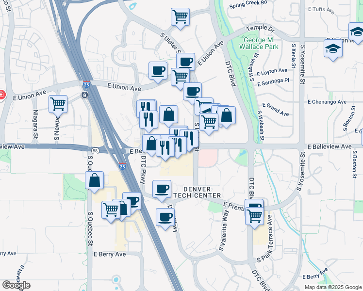 map of restaurants, bars, coffee shops, grocery stores, and more near 7901 East Belleview Avenue in Englewood