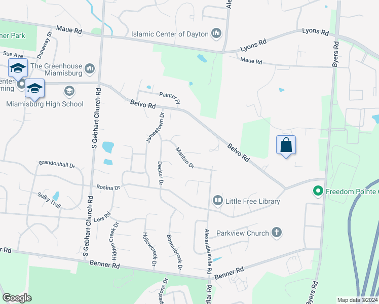 map of restaurants, bars, coffee shops, grocery stores, and more near 2218 Pinebrook Court in Miamisburg