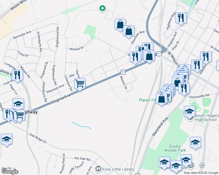 map of restaurants, bars, coffee shops, grocery stores, and more near 707 Armstrong Avenue in Hagerstown
