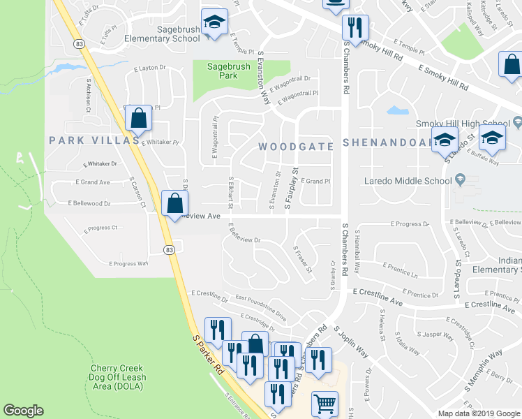 map of restaurants, bars, coffee shops, grocery stores, and more near 5098 South Elkhart Court in Aurora