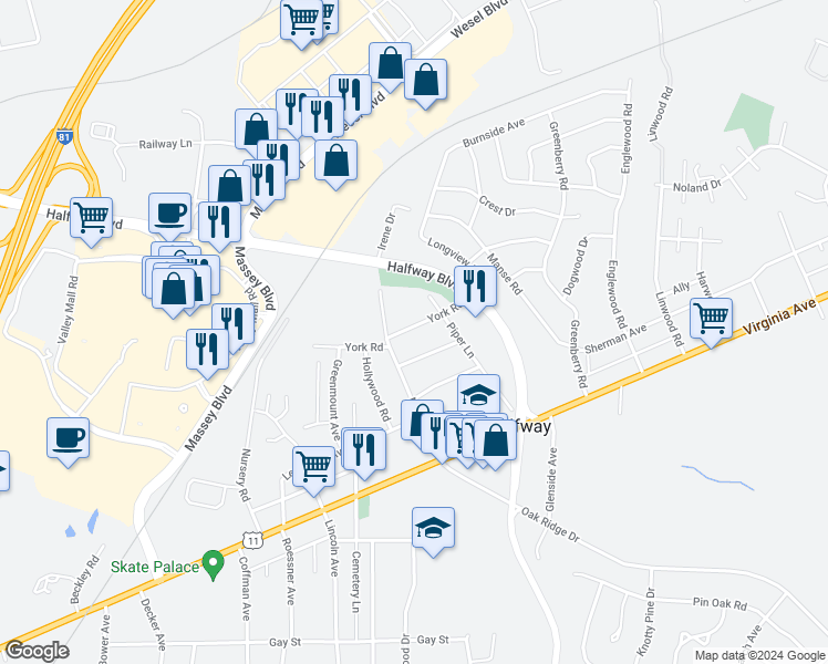 map of restaurants, bars, coffee shops, grocery stores, and more near 17541 York Road in Hagerstown