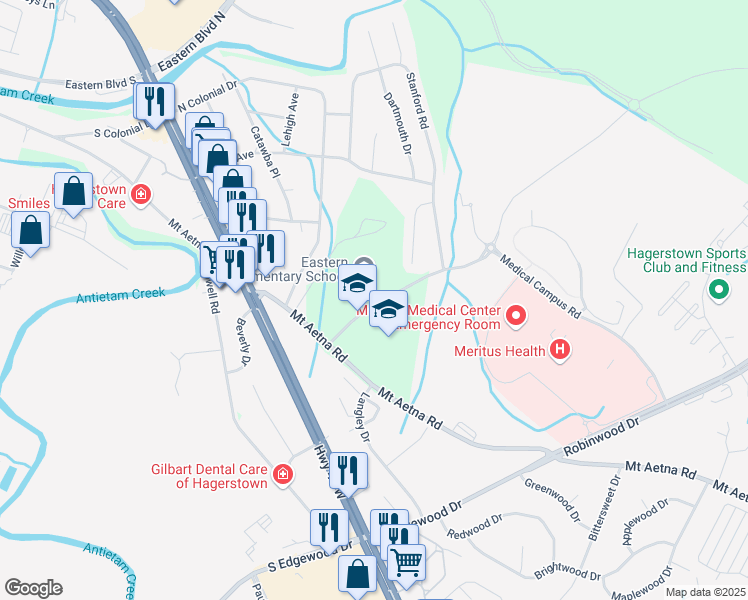 map of restaurants, bars, coffee shops, grocery stores, and more near 1320 Yale Drive in Hagerstown