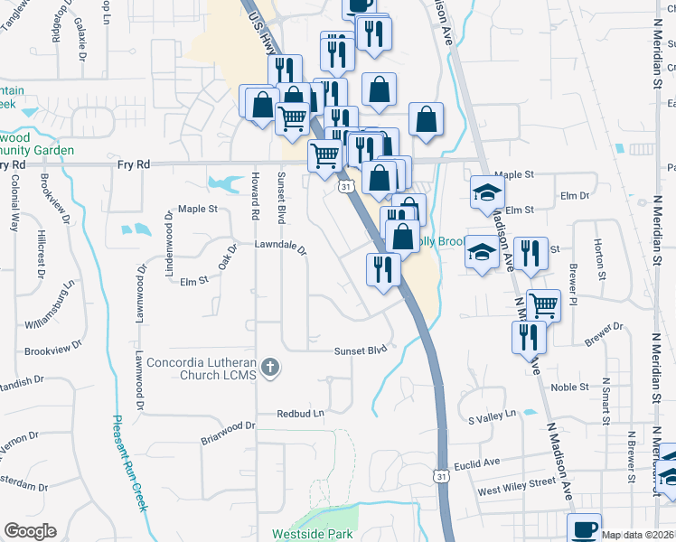 map of restaurants, bars, coffee shops, grocery stores, and more near 628 Wooddale Terrace in Greenwood