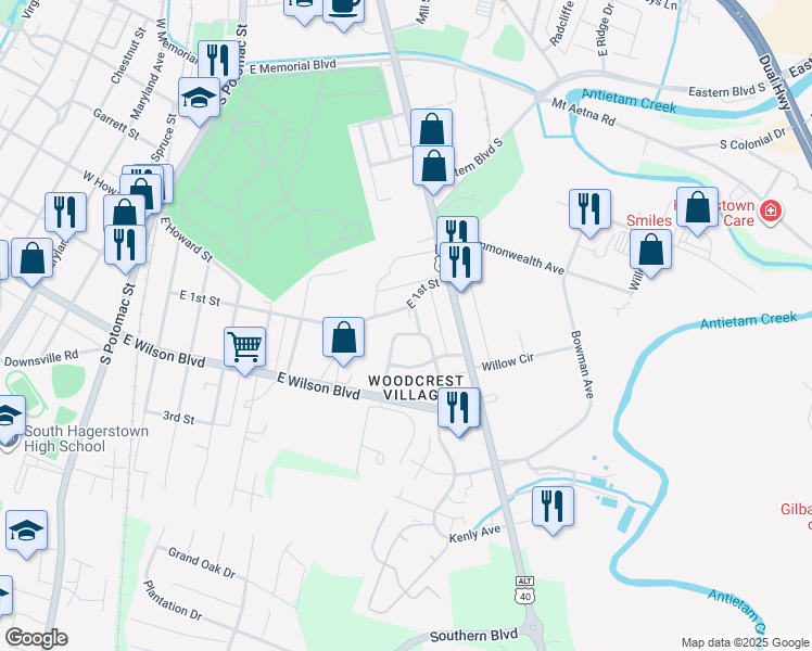 map of restaurants, bars, coffee shops, grocery stores, and more near 905 Kenwood Drive in Hagerstown