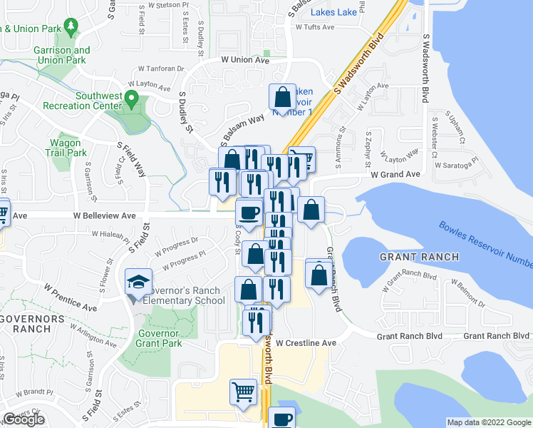 map of restaurants, bars, coffee shops, grocery stores, and more near S Wadsworth Blvd & W Belleview Ave in Denver