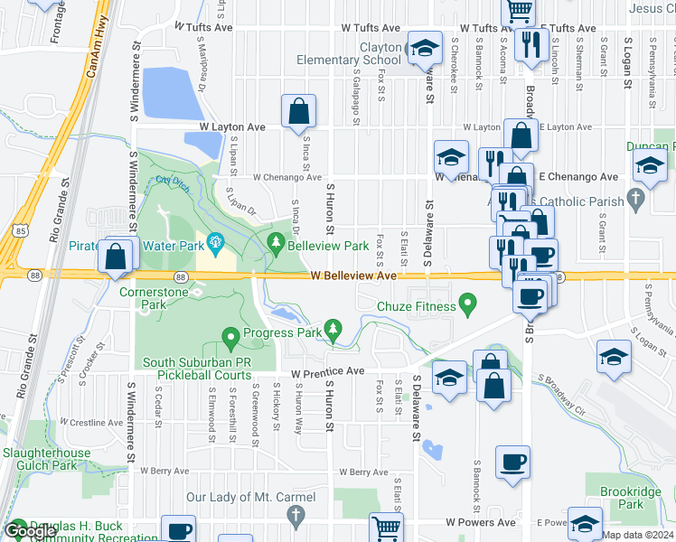 map of restaurants, bars, coffee shops, grocery stores, and more near 5090 South Huron Street in Englewood
