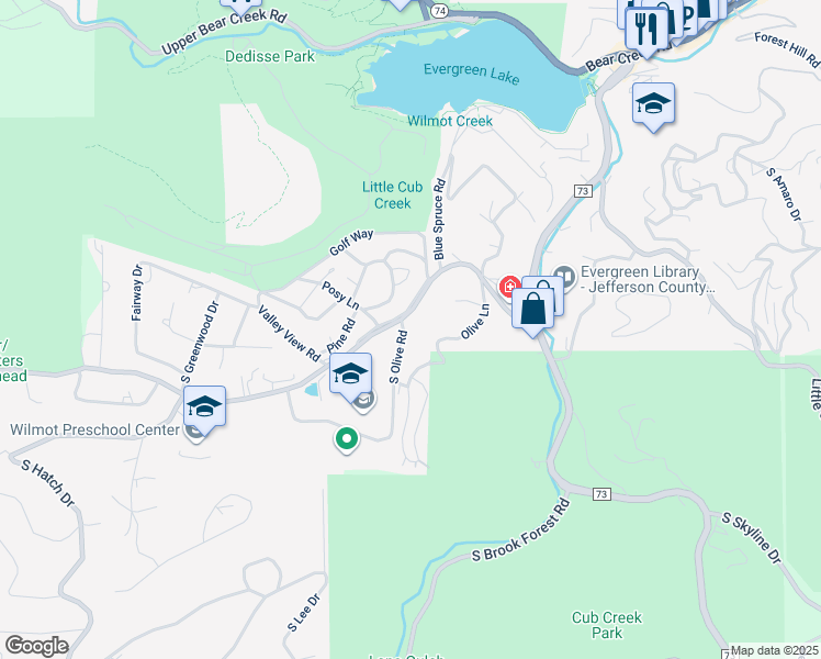 map of restaurants, bars, coffee shops, grocery stores, and more near 5261 South Olive Road in Evergreen