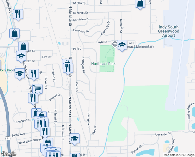 map of restaurants, bars, coffee shops, grocery stores, and more near 521 Park Drive in Greenwood