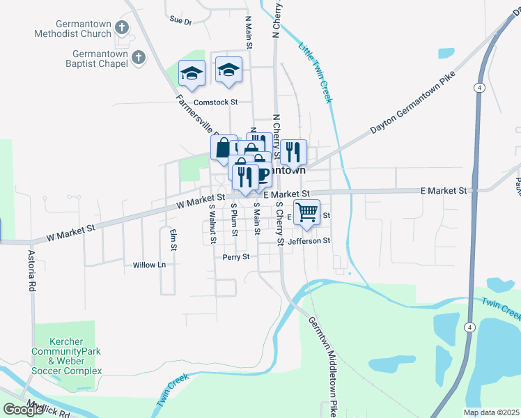 map of restaurants, bars, coffee shops, grocery stores, and more near 49 South Main Street in Germantown