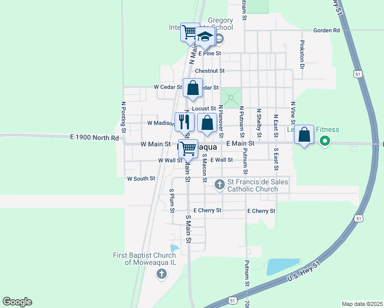 map of restaurants, bars, coffee shops, grocery stores, and more near 101-199 East Wall Street in Moweaqua