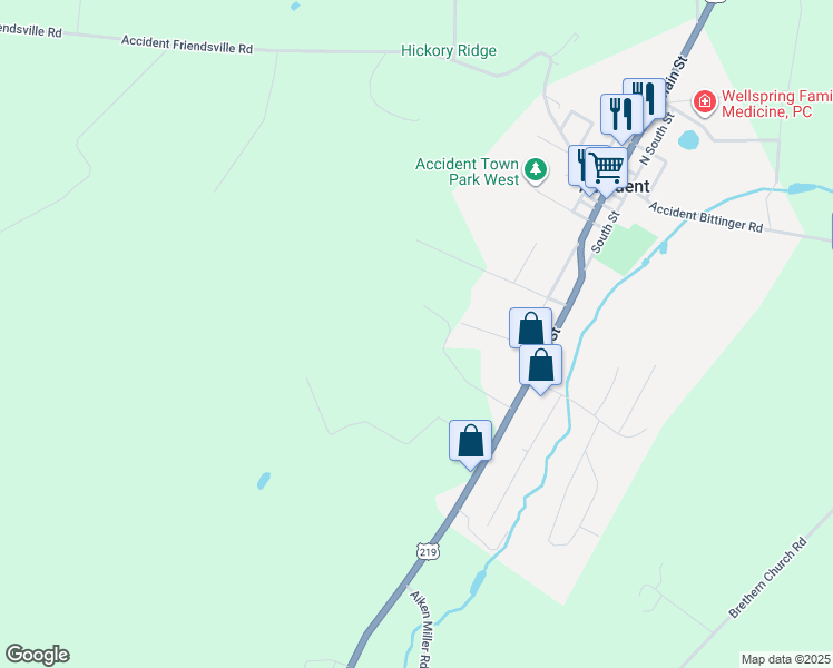 map of restaurants, bars, coffee shops, grocery stores, and more near 219 Glenwood Ridge Road in Accident
