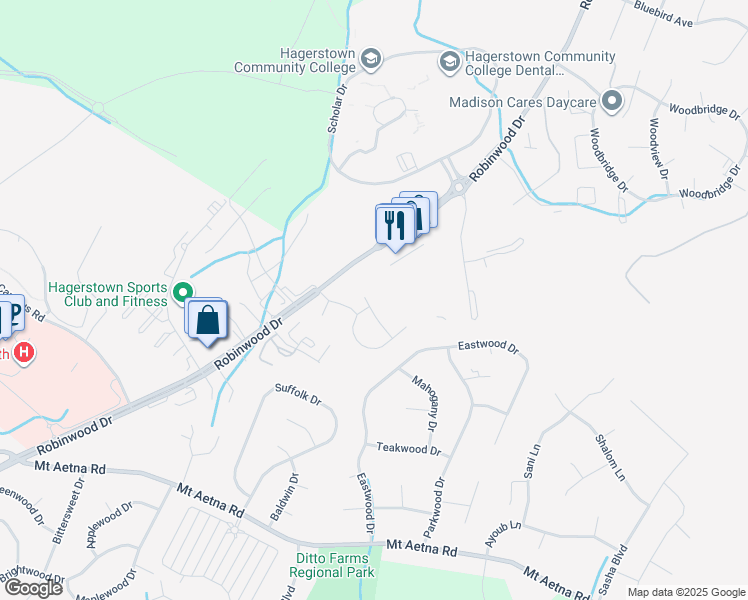 map of restaurants, bars, coffee shops, grocery stores, and more near 20110 Daniels Circle in Hagerstown