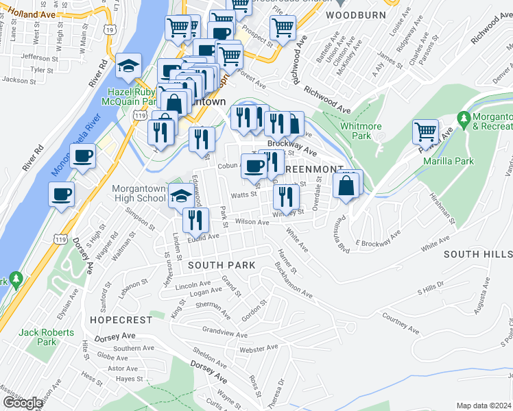 map of restaurants, bars, coffee shops, grocery stores, and more near 359 Demain Avenue in Morgantown