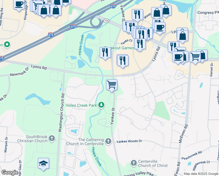 map of restaurants, bars, coffee shops, grocery stores, and more near 10883 Yankee Street in Dayton