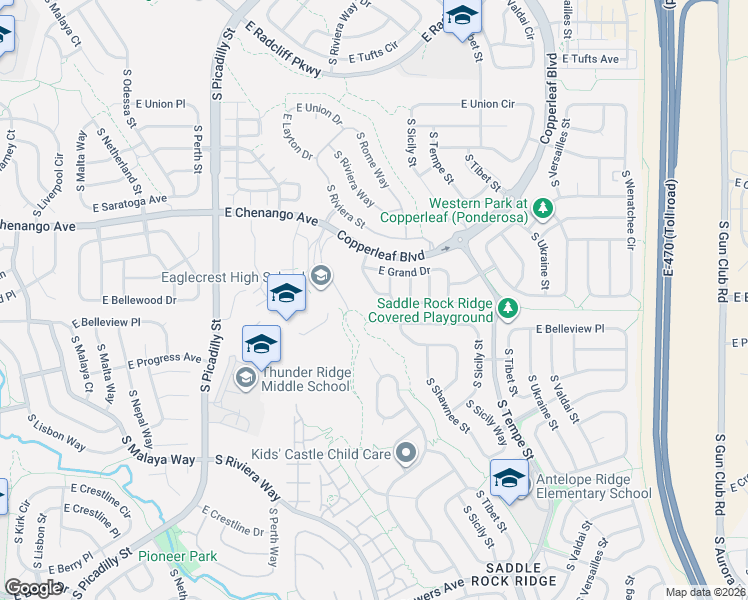 map of restaurants, bars, coffee shops, grocery stores, and more near 22062 E Pennwood Cir in Aurora