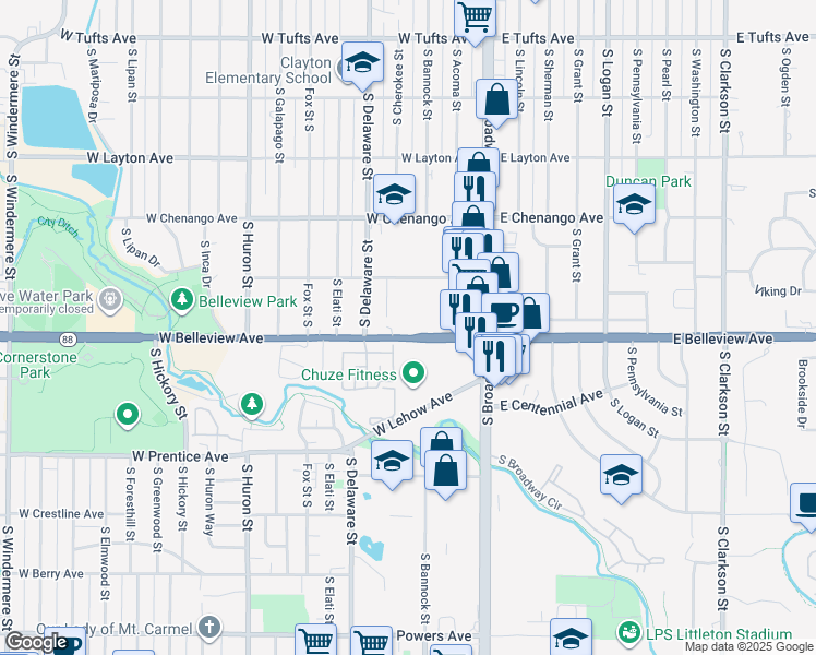 map of restaurants, bars, coffee shops, grocery stores, and more near 291 West Belleview Avenue in Englewood
