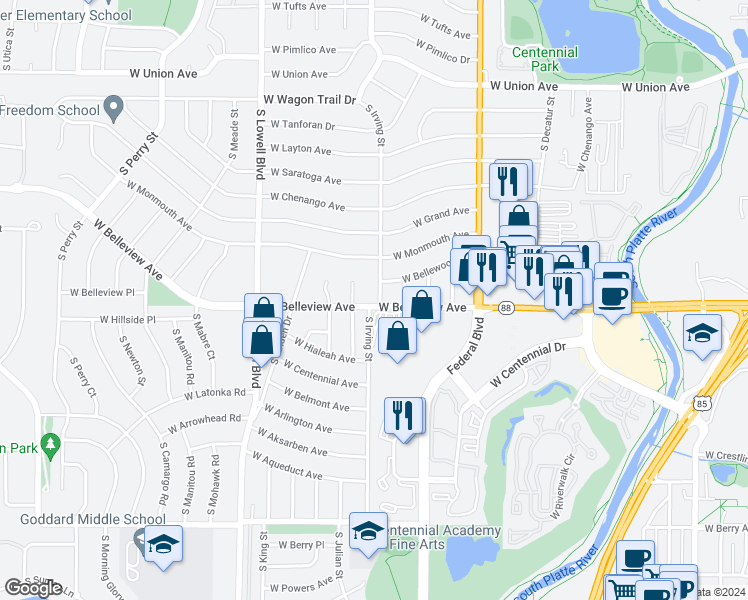 map of restaurants, bars, coffee shops, grocery stores, and more near 5091 South Irving Street in Englewood