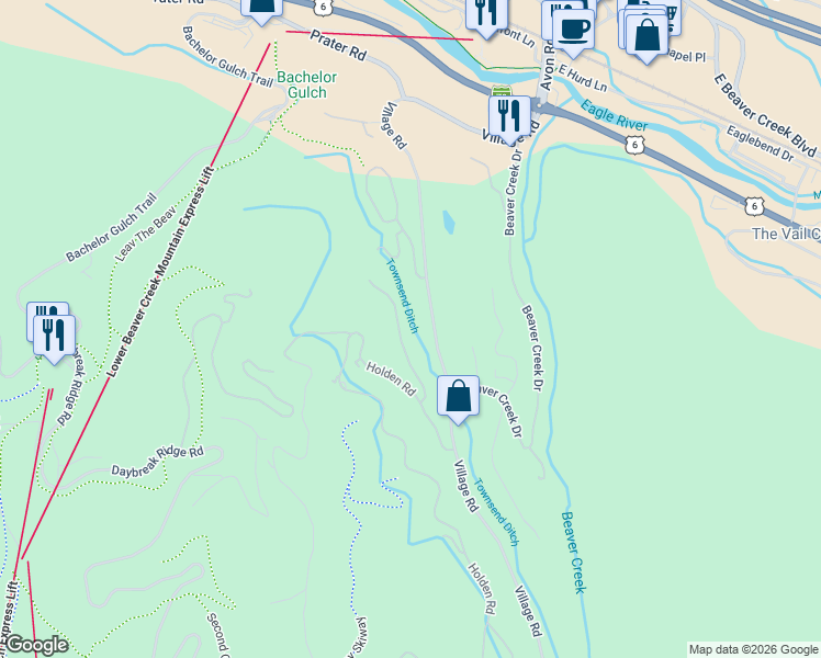 map of restaurants, bars, coffee shops, grocery stores, and more near Village Road in Avon