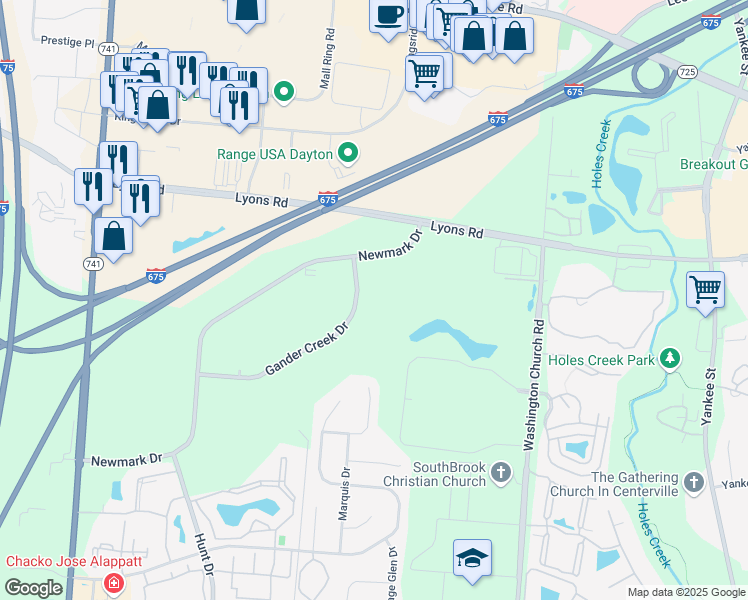 map of restaurants, bars, coffee shops, grocery stores, and more near 8540 Gander Creek Drive in Miamisburg