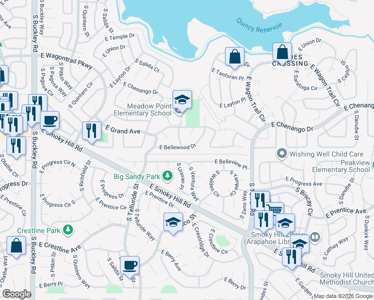 map of restaurants, bars, coffee shops, grocery stores, and more near 18053 East Belleview Place in Centennial