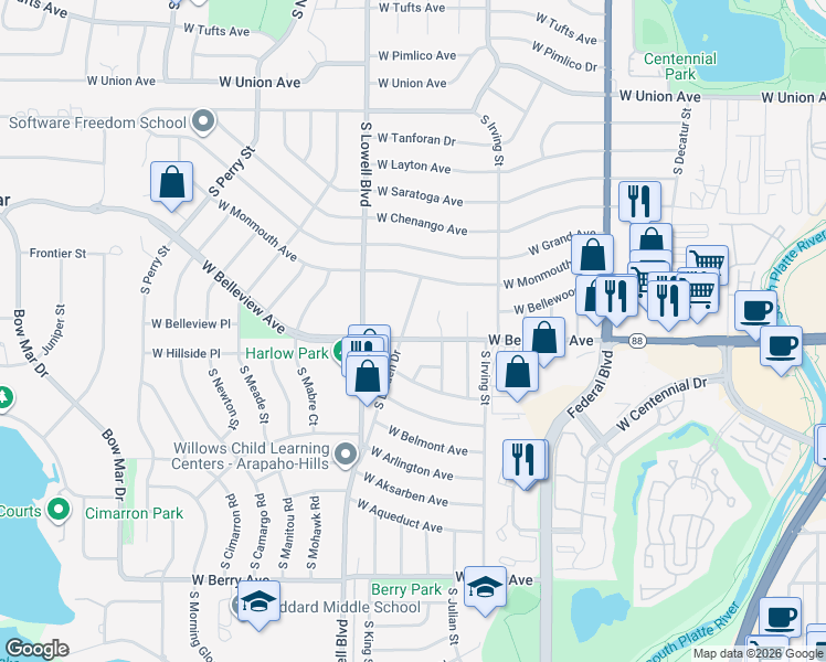 map of restaurants, bars, coffee shops, grocery stores, and more near 3380 West Belleview Avenue in Littleton