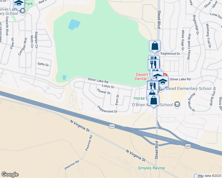 map of restaurants, bars, coffee shops, grocery stores, and more near 6815 Flower Street in Reno