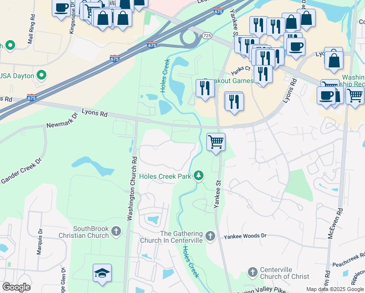 map of restaurants, bars, coffee shops, grocery stores, and more near 1154 Captains Bridge in Dayton