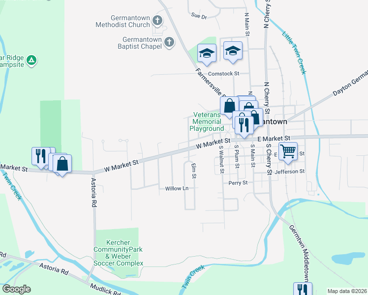 map of restaurants, bars, coffee shops, grocery stores, and more near in Germantown