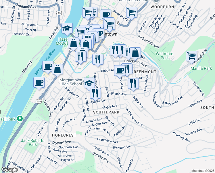 map of restaurants, bars, coffee shops, grocery stores, and more near 301 Park Street in Morgantown