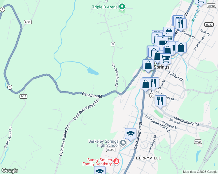 map of restaurants, bars, coffee shops, grocery stores, and more near 14 Cold Run Valley Road in Berkeley Springs