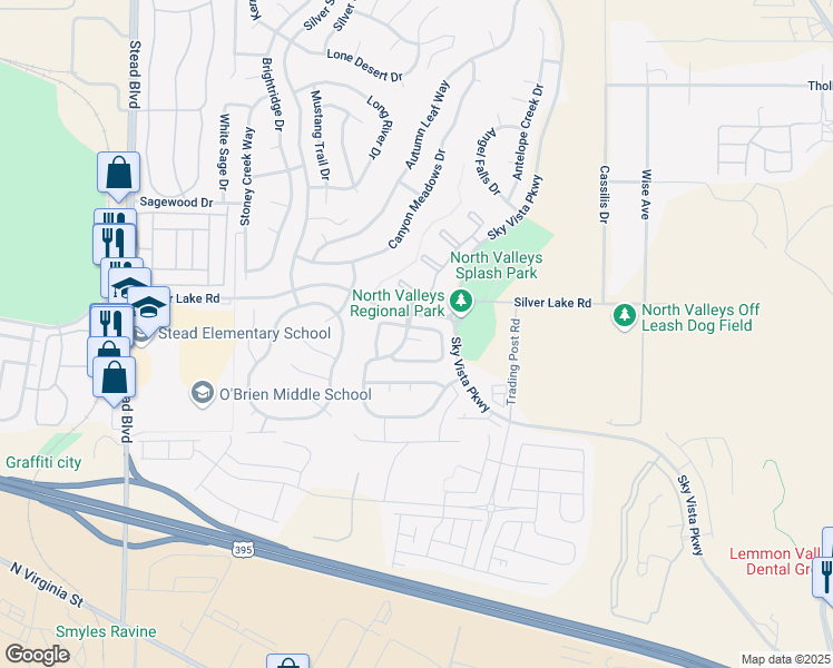 map of restaurants, bars, coffee shops, grocery stores, and more near 9175 Brown Eagle Court in Reno