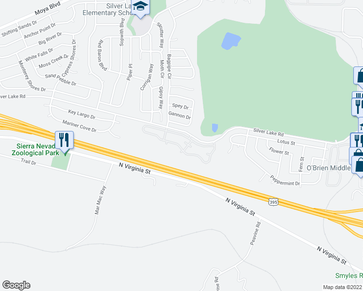 map of restaurants, bars, coffee shops, grocery stores, and more near 7350 Silver Lake Road in Reno