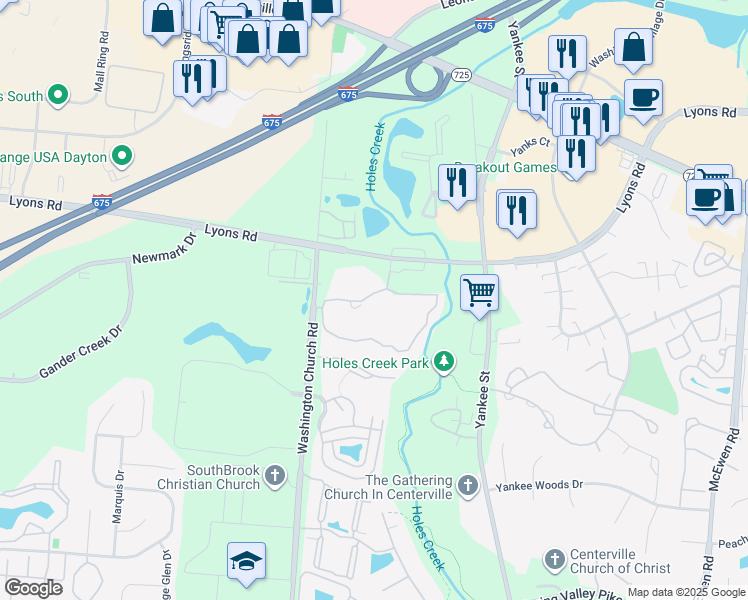 map of restaurants, bars, coffee shops, grocery stores, and more near 1506 Spinnaker Way in Dayton