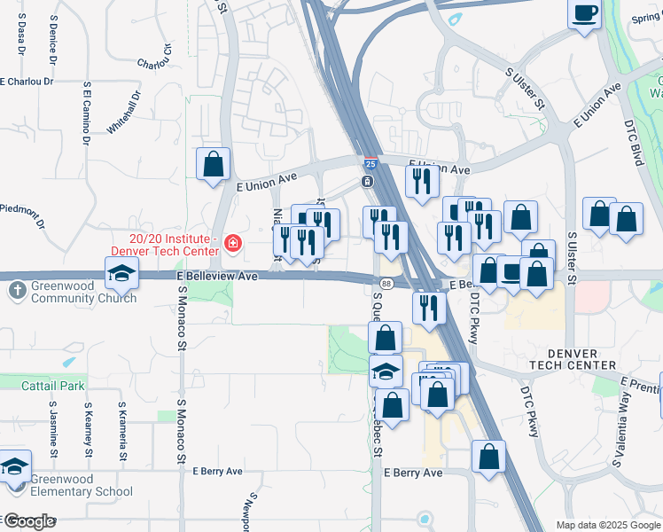 map of restaurants, bars, coffee shops, grocery stores, and more near 6951 East Belleview Avenue in Denver