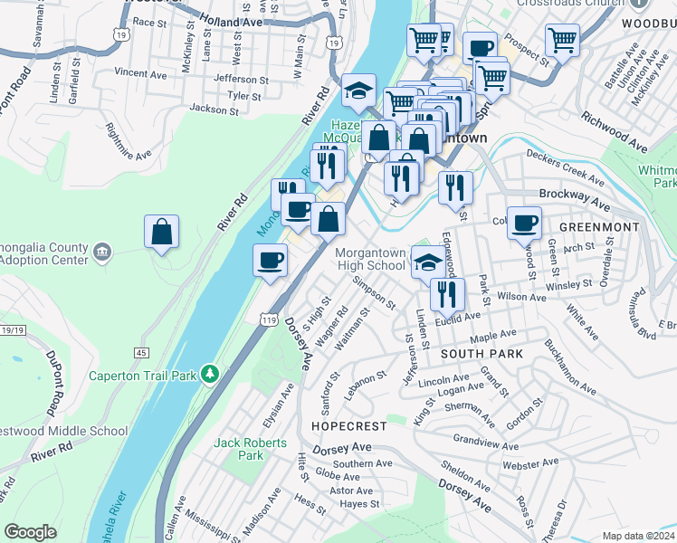 map of restaurants, bars, coffee shops, grocery stores, and more near 132 Simpson Street in Morgantown