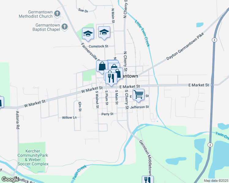 map of restaurants, bars, coffee shops, grocery stores, and more near 49 South Main Street in Germantown