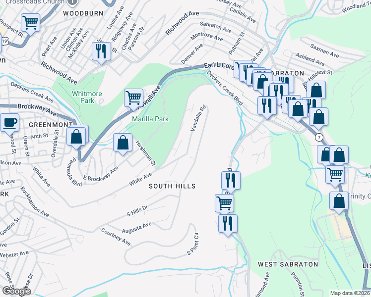 map of restaurants, bars, coffee shops, grocery stores, and more near 977-1011 Vandalia Rd in Morgantown