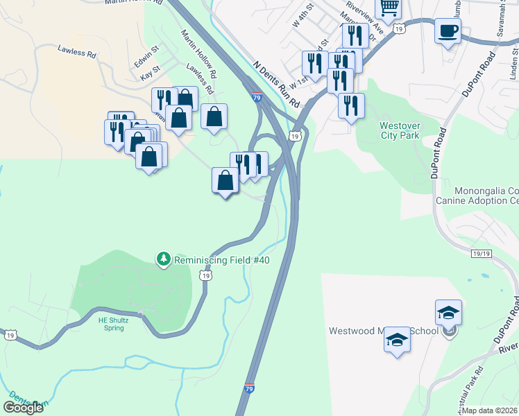 map of restaurants, bars, coffee shops, grocery stores, and more near 1048 Fairmont Road in Morgantown