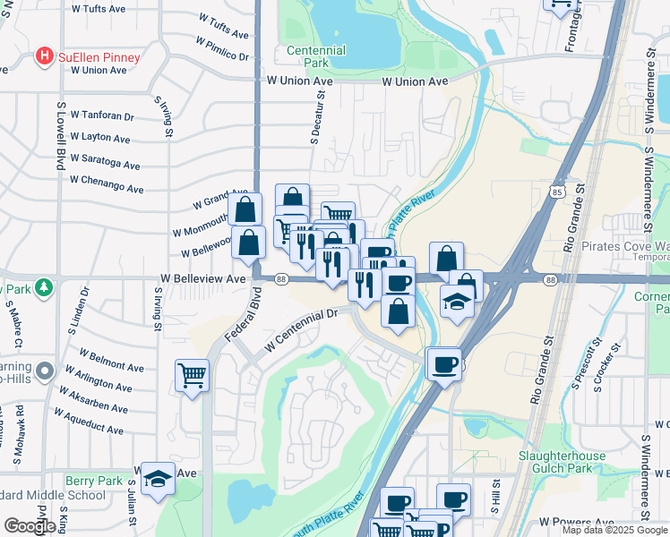 map of restaurants, bars, coffee shops, grocery stores, and more near 2700 West Belleview Avenue in Littleton
