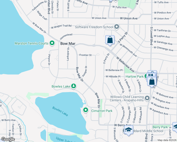 map of restaurants, bars, coffee shops, grocery stores, and more near 5070 Juniper Street in Littleton