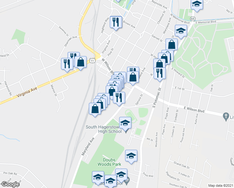 map of restaurants, bars, coffee shops, grocery stores, and more near 1041 Maryland Avenue in Hagerstown