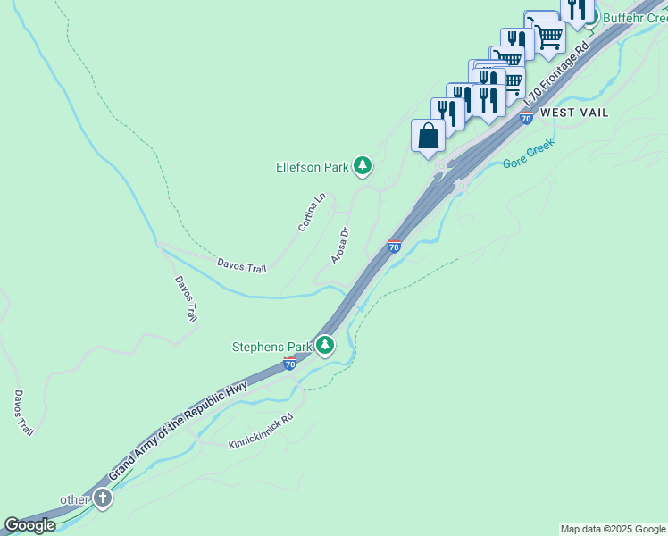 map of restaurants, bars, coffee shops, grocery stores, and more near 2608 Arosa Drive in Vail
