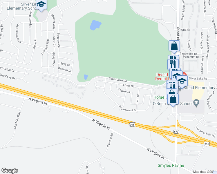 map of restaurants, bars, coffee shops, grocery stores, and more near 6950 Forsythia Way in Reno