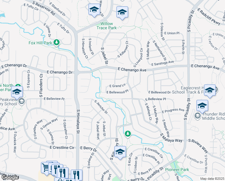 map of restaurants, bars, coffee shops, grocery stores, and more near 20631 East Belleview Place in Centennial