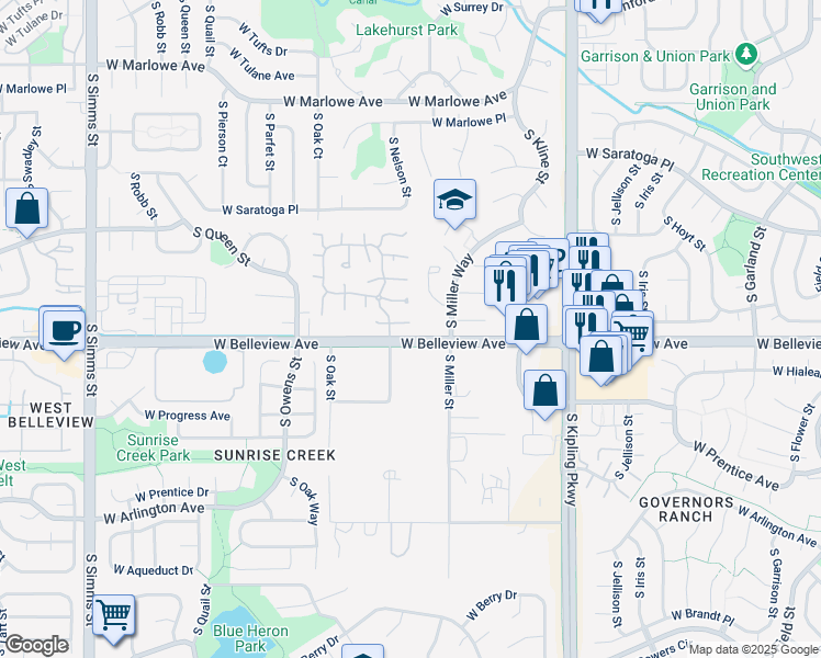 map of restaurants, bars, coffee shops, grocery stores, and more near 5123 South Miller Street in Littleton
