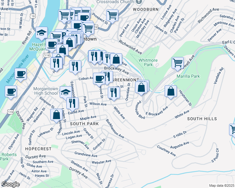 map of restaurants, bars, coffee shops, grocery stores, and more near 455 Winsley Street in Morgantown