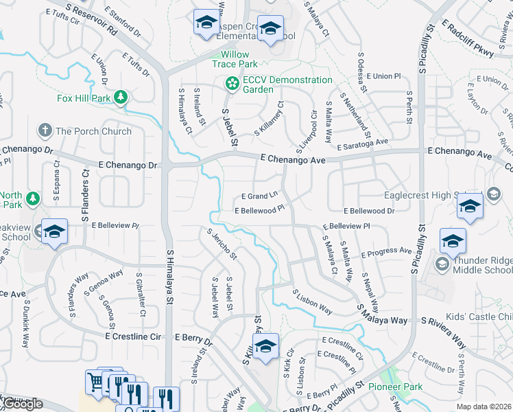 map of restaurants, bars, coffee shops, grocery stores, and more near 20674 East Bellewood Place in Centennial