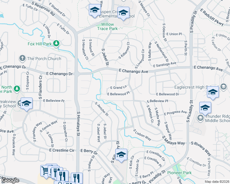map of restaurants, bars, coffee shops, grocery stores, and more near 20631 East Belleview Place in Centennial